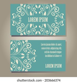 Set of vintage empty blue elegance cards with curly white floral pattern. Vector illustration. 