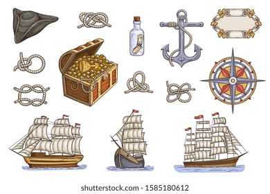 Set of vintage engraved nautical elements including ships and anchors, cartoon sketch vector illustration isolated on background. Sea travelings and marine exploring.