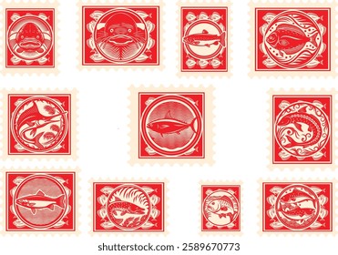 set of vintage engraving fish food Postage Stamp Retro style postage sticker collection stamp postmark, engraving old 