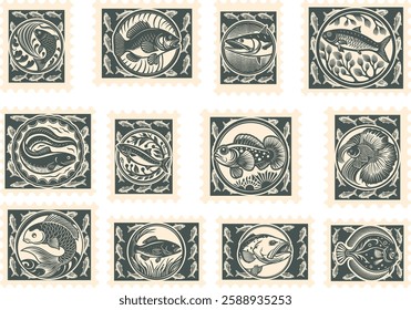 set of vintage engraving fish Postage Stamp Retro style postage sticker collection famous animal stamp postmark animal stamp fish stamp set