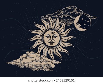 Set of vintage engraving illustrations of mythological sun and moon with faces