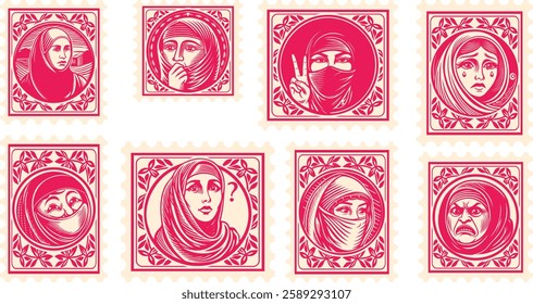 set of vintage engraving niqab muslim woman face Postage Stamp Retro style postage collection 