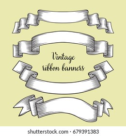 Set of vintage engraving ribbons, old vintage ribbon banners, Vector black vintage engraving illustration for menu, web and label. 