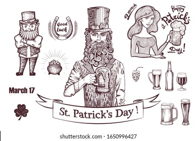 Set of vintage engravings with St. Patricks Day. Freehand ink drawing. Leprechaun man and woman in a top hat. Pot of gold. Irish holiday March 17th.