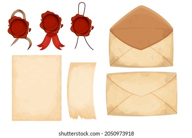 Set vintage envelope, letters, paper with red wax seal in cartoon style isolated on white background. Old grunge paper,textured. Antique mail, correspondence. Vector illustration