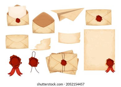 Set vintage envelope, letters, paper with red wax seal in cartoon style isolated on white background. Old grunge paper,textured. Antique mail, correspondence. Vector illustration