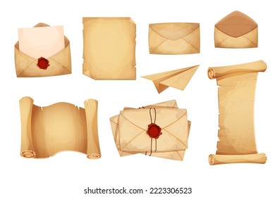 Set vintage envelope, letters, paper with red wax seal in cartoon style isolated on white background. Old grunge paper,textured. Antique mail, correspondence.