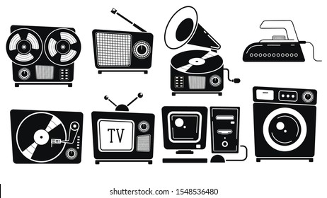 Set Of Vintage Equipment Gramophone, Vinyl Record Player, Reel-to-reel Tape Recorder, Tv, Computer, Iron, Radio, Washing Machine. Retro Icons For Your Project. Vintage Style . Vector Flat Illustration