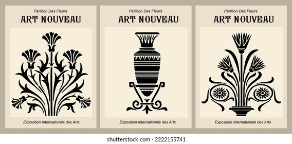 Set of vintage Exhibition posters. Trendy beige and black wall arts in Art Nouveau style. Modern decorations, paintings for scandinavian or japandi interiors. Vector art illustrations.