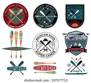 Set of  vintage expedition labels and logo.Canoe Journey logotype sign. Expedition on a mountain river sign. Kayak and canoe sign logo. To travel by boat in the mountains. 