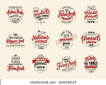 Set of vintage Farm fresh products, natural. Retro emblems, badges, logos, phrases, slogans, stamps. Colorful organic food labels and stickers. Hand drawn lettering. Vector illustration.