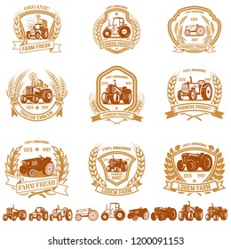 Set of vintage farmer emblems with tractors. Design element for logo, label, sign, poster, t shirt. Vector illustration