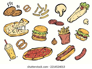 set vintage fast food doodle icon with hand drawn 