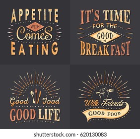 Set of vintage fast food and  health meal quotes. Typographic lettering and labels.