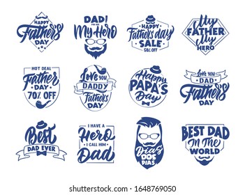 Set of vintage father's day emblems, stamps, badges, stickers. Collection of logos with hand-drawn text, phrases. Vector illustration. Dia Dos Pias - Happy father's day