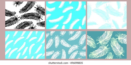 Set vintage Feather seamless background. Hand drawn illustration vintage pattern