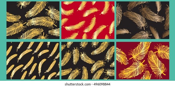 Set vintage Feather seamless background. Hand drawn illustration vintage pattern