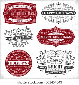 Set of vintage feeling modern Christmas or holiday banners and frames and labels.  Textures are separate objects and can be easily deleted.