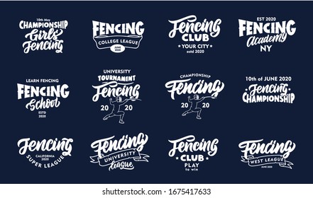 Set of vintage Fencing emblems, phrases. White badges, stickers on blue background isolated. Collection of retro logos with hand-drawn text. Vector illustration