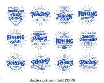 Set of vintage Fencing emblems and stamps. Blue badges, stickers on white background with rays. Collection of logos with hand-drawn text, icons, phrases. Vector illustration