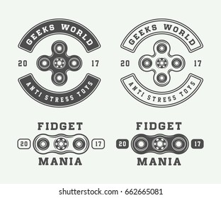 Set of vintage fidget spinners logos, emblems, badges and motivational posters. Monochrome Graphic Art. Vector Illustration.

