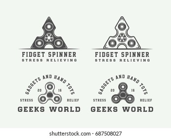 Set of vintage fidget spinners logos, emblems, badges and motivational posters. Monochrome Graphic Art. Vector Illustration.

