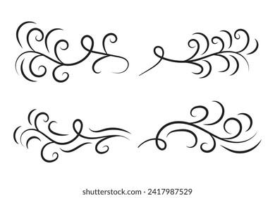 set of Vintage Filigree swirling, Calligraphy Doodle wind Decorative Elements, curly thin line Floral style swings swashes, Flourishes Swirls, flourish Swirl ornament vector, Elegant scroll design