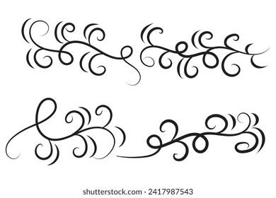 set of Vintage Filigree swirling, Calligraphy Doodle wind Decorative Elements, curly thin line Floral style swings swashes, Flourishes Swirls, flourish Swirl ornament vector, Elegant scroll design