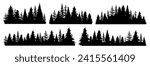 Set of vintage fir tree and coniferous forest silhouette. Mountain forest nature or seamless botanical background. Winter pine or christmas tree garden landscape. Social media decoration clip art icon