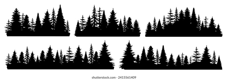 Set of vintage fir tree and coniferous forest silhouette. Mountain forest nature or seamless botanical background. Winter pine or christmas tree garden landscape. Social media decoration clip art icon