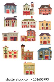set of vintage fire stations - cartoon