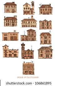 set of vintage fire stations - cartoon - sepia