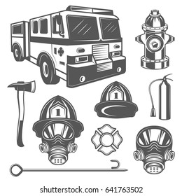 Set of vintage firefighter and fire equipment icons in monochrome style