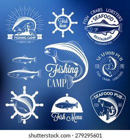 Set of vintage fish logos with helm, sunburst and salmons on blurred background
