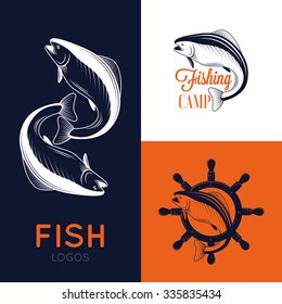 Set of vintage fish logos with helm and salmons for your design. Three color variation, retro style