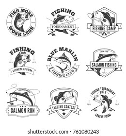 Set of vintage fishing badges, labels, emblems, logo, stickers. Isolated on white background