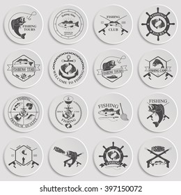 Set of vintage fishing labels, badges and design elements. 