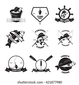 Set of vintage fishing labels, badges and design elements. Vintage vector illustration.