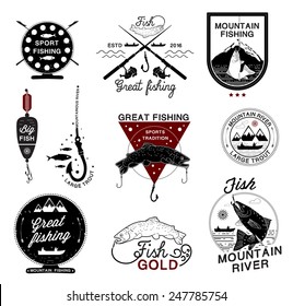 Conjunto de logotipos, etiquetas, emblemas y elementos diseñados para la pesca de época