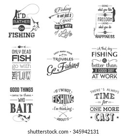 Set Of Vintage Fishing Typographic Quotes. Grunge Effect Can Be Edited Or Removed. Vector EPS10 Illustration. 