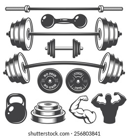 Set of vintage fitness designed elements. Monochrome style