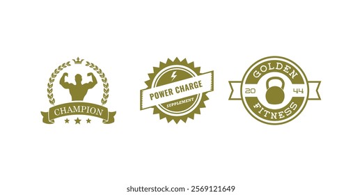 Set of vintage fitness logos, signs, labels. Vector templates for your gym, t-shirt, cover, bannerVintage Fitness Logos, Signs, and Labels Set, Vector Templates for Gym Branding, T-Shirts, Covers, an