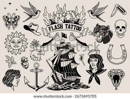 Set of Vintage Flash Tattoo Design Monochrome