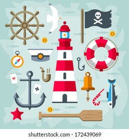 Set Of Vintage flat vector Retro Nautical Elements. Lighthouse.