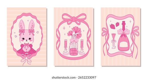 Um conjunto de cartões vintage flertatious. Modelo para um cartaz, banner, convite de casamento, cartão de aniversário com um coelho bonito, buquê de flores e champanhe. Ilustração vetorial.