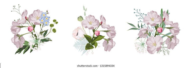 Set of vintage floral bouquets with Apple blossom and herbs. Botanical drawing in watercolor style for greeting cards, flower wedding invitations, spring summer sales.