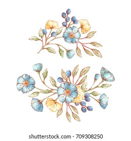 Set of vintage floral bouquets isolated on white background. Best for greeting card, posters, flyers, brochures, invitation, wedding and save the date cards