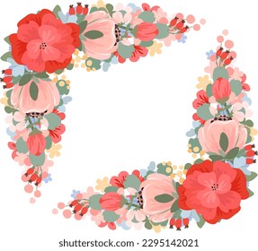 Set of vintage floral corners with red pink peony, roses, green leaves and yellow blue wild flowers. Vector illustration of isolated summer and spring flowers on white background. Full editable.