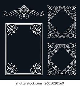 Set of vintage floral decorative vector frames with ornate designs in black and gold for invitations and decor.	
