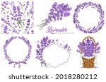 Set of vintage floral design elements with lavender flowers. Circle frame, seamless pattern, bouquet, label template and flowers in the basket. Vector illustration.